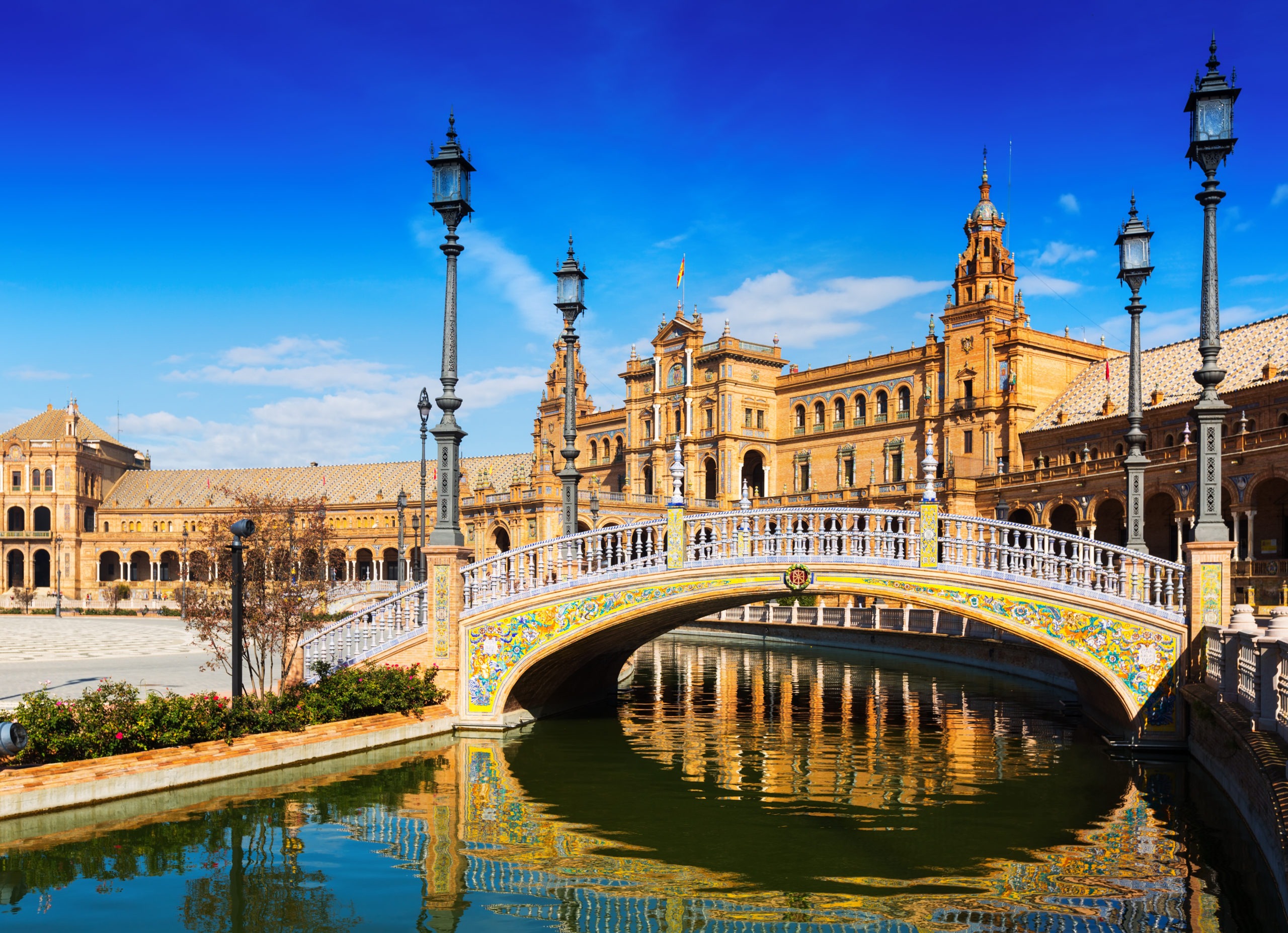 Day  view of Plaza de Espana with bridges. Seville, Spain